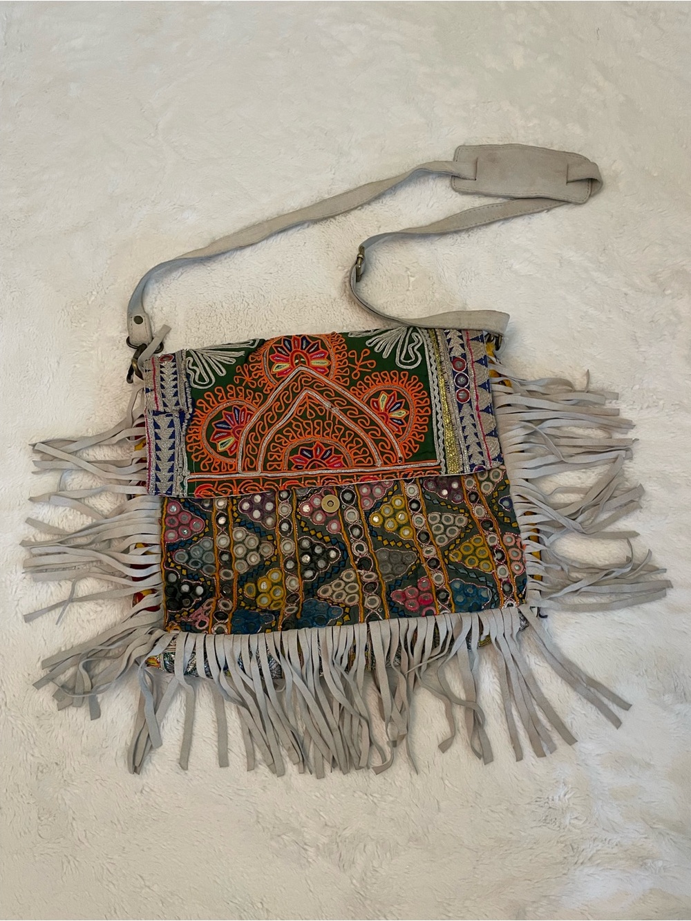 Embroidered Fringe Crossbody Bag - Multicolor Pattern